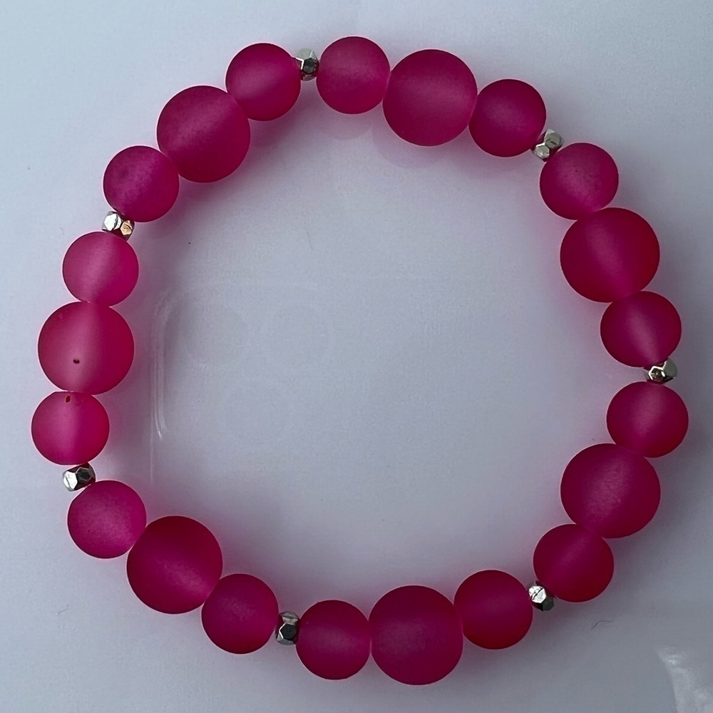 Stretch Beaded Bracelet Bright Pink 6.25” - Picture 7 of 12
